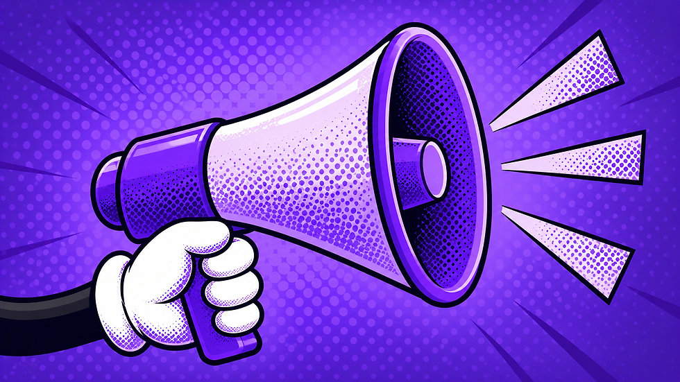 Purple Twitch-style megaphone held by a white cartoon glove with halftone sound waves How to Use Twitch Streamer Shouts