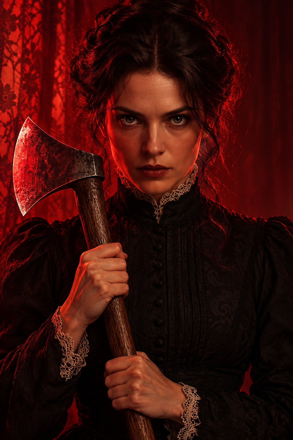Portrait of a Victorian woman holding an axe and staring directly at the viewer.