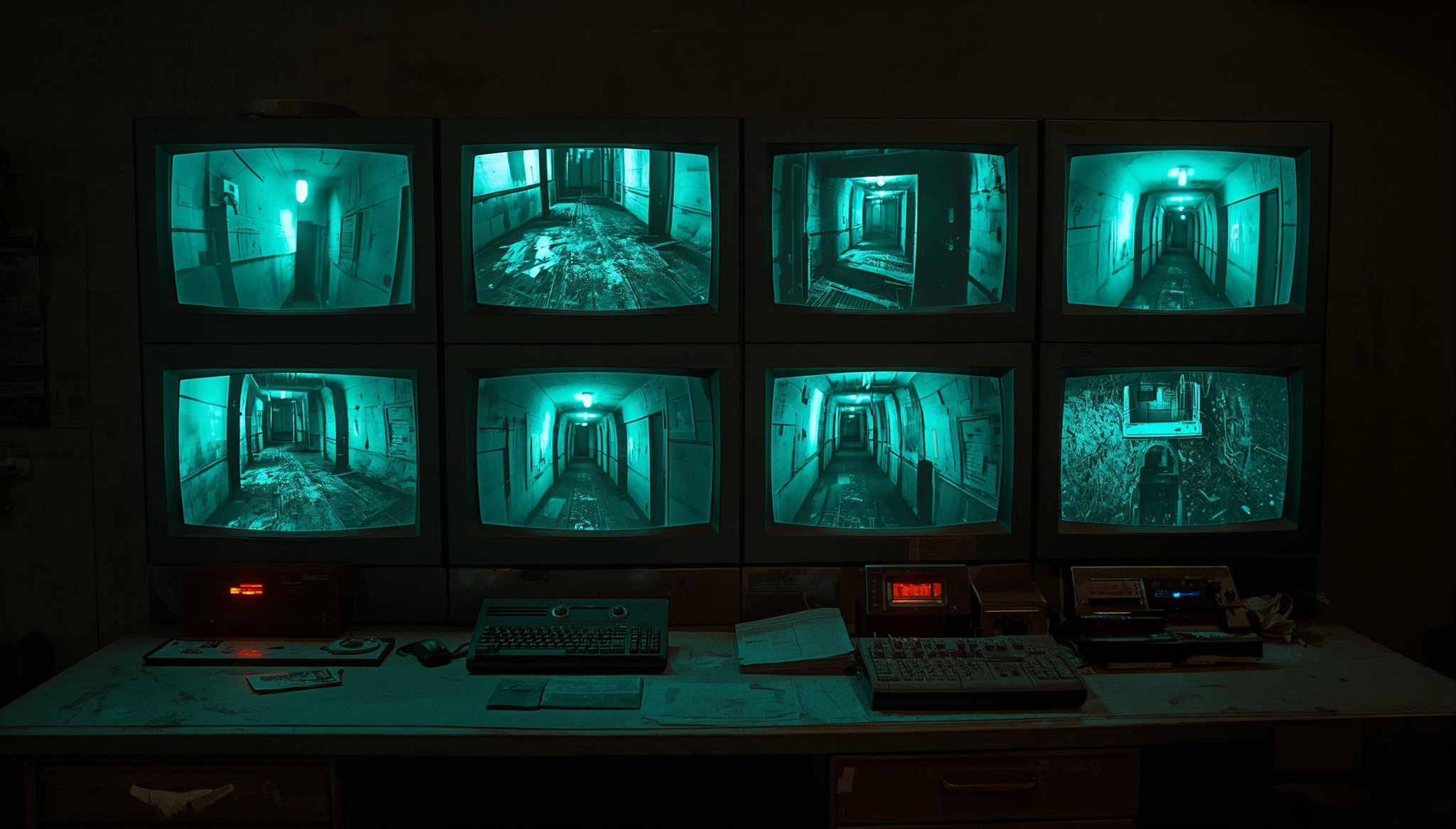 Abandoned asylum security control room with eight teal-glowing CRT surveillance screens showing empty psychiatric ward corridors above a cluttered operator desk