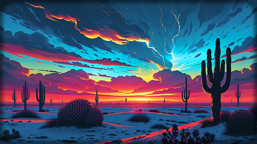 electric dusk desert western overlay, storm desert stream background, cinematic lightning desert wallpaper, neon desert storm