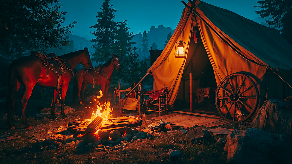nightfall rest camp western overlay, western camp overlay, twilight campfire stream overlay, frontier campsite background, ci