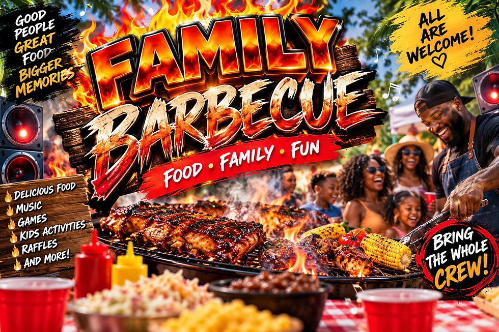 Over-the-top family barbecue flyer packed with glowing text, grills, food, flames, speakers, badges, family members, and other crowded visual elements to show how AI can over-design a simple concept.