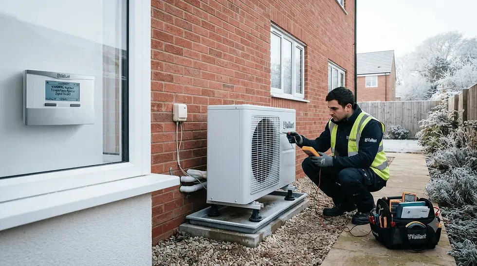 Vaillant air source heat pump showing an Outdoor Temperature Sensor Signal Invalid fault while a professional engineer inspects the outdoor temperature sensor.