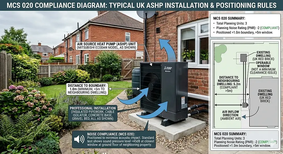 Heat pump distance from boundary and neighbour window showing UK noise compliance positioning