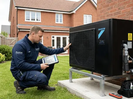 Daikin air source heat pump displaying a 7H-06 water flow fault during system operation