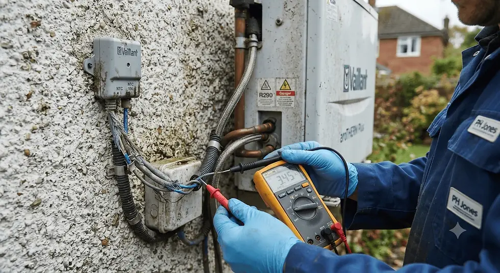 Engineer testing a Vaillant outdoor temperature sensor using professional diagnostic equipment during a heat pump inspection.