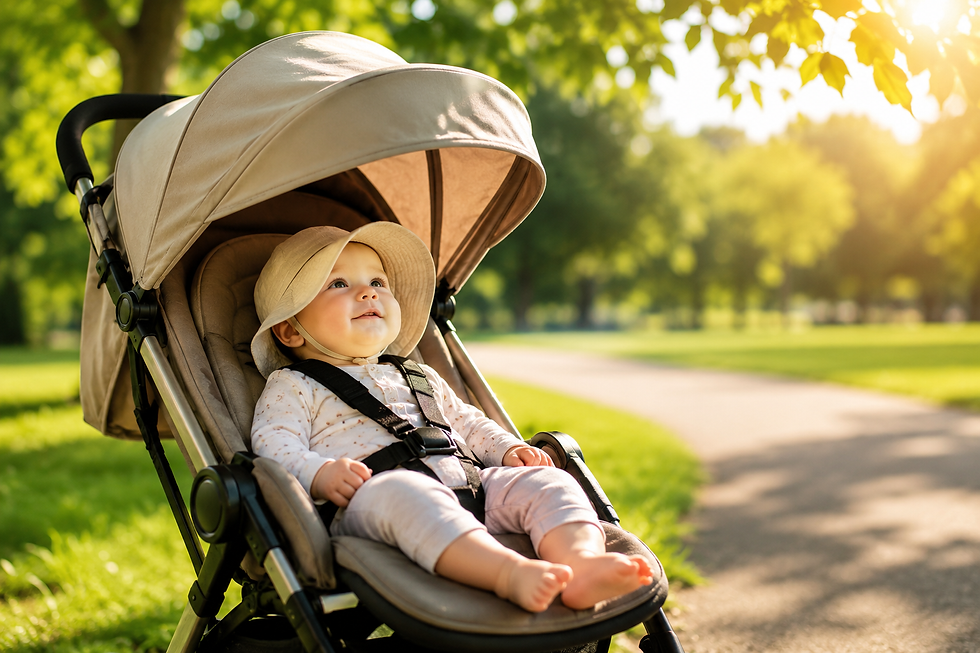 Eye-level view of a baby stroller shaded by a wide-brimmed canopy in a sunny park