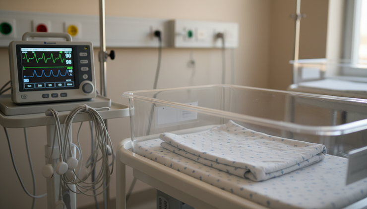 Close-up view of a newborn bassinet with a folded receiving blanket and neonatal monitoring equipment nearby.