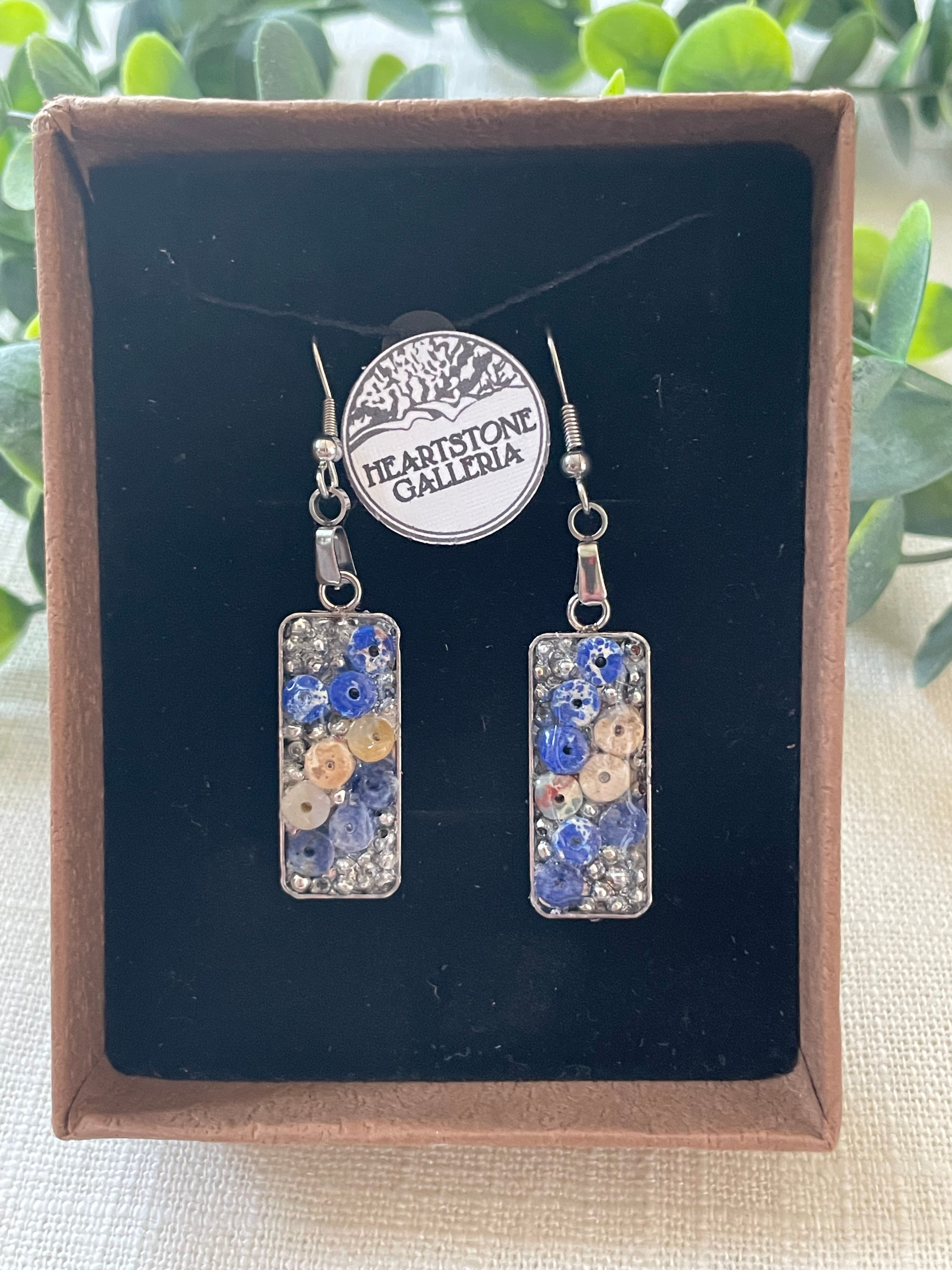 Micro Mosaic Earrings - Blue Glass, Stone and Wood