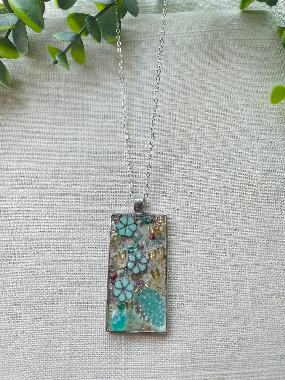 Thumbnail: 2” Czech Glass Bead Micro-Mosaic Pendant Necklace (Aqua and Gold)