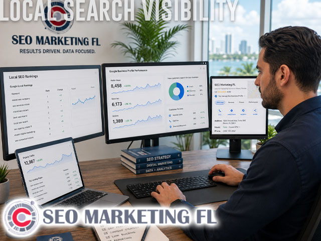Digital marketing specialist reviewing local SEO rankings and Google Business Profile performance on multiple monitors, modern Florida office environment