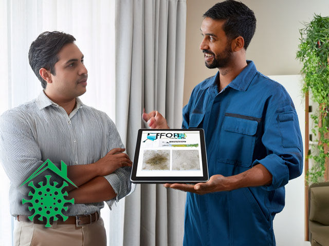 professional technician with ipad tablet with mold damage photos and claim documents open on screen; next to them is a homeowner looking relieved