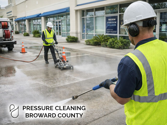 commercial building parking lot being pressure washed, crew in safety gear, cleaning concrete, business storefront visible