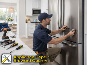 A uniformed technician working repair of stainless-steel refrigerator in a modern Broward County kitchen with tools organized nearby