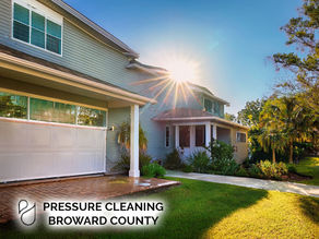 Florida house exterior before-and-after roof pressure cleaning wash, bright sun, clean siding, lush landscape broward county