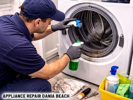 Technician cleaning the rubber gasket of a front-load washer, showing visible mold spots and cleaning tools around the laundry room