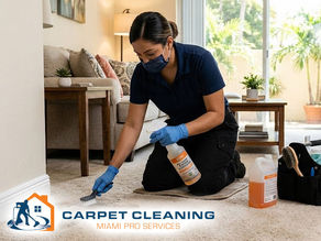 Technician performing enzyme treatment on a carpet stain in a Miami home for pet stain and odor removal