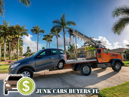 A tow truck loading an old car in a Florida driveway with palm trees in the background and a driver handing cash offer to the seller