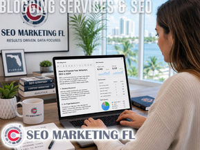 blogging writer creating blog content on laptop, SEO charts on screen, Florida workspace with natural light