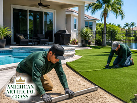 Crew installing synthetic turf in a Port Saint Lucie backyard, leveling the base, trimming edges, and adding infill artificial grass supply installation