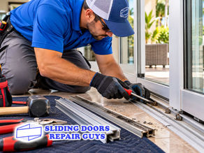 Professional sliding door technician repair replacement worn aluminum track on residential patio door, close-up of damaged track being realigned with specialized tools, clean glass door and bright outdoor patio