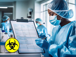 clean, organized workspace showing a trauma technician reviewing a printed protocol checklist. PPE, disinfectants, and sealed disposal containers are neatly arranged, reflecting a step-by-step, professional process