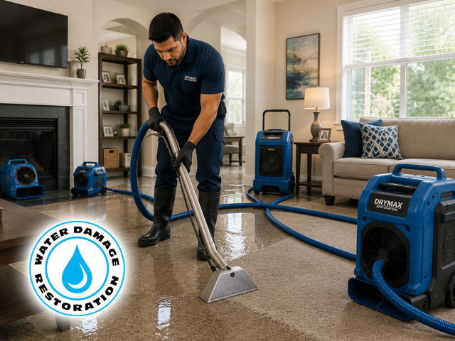Water damage restoration technician extracting water from flooded living room in residential home, professional drying equipment visible, clean restoration environment