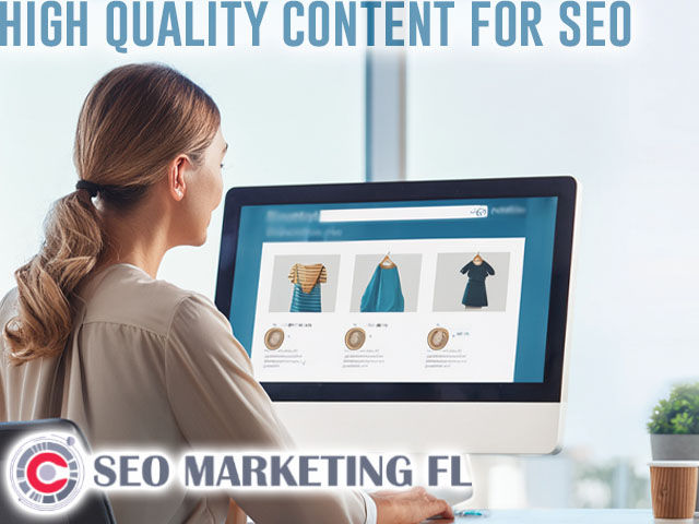 SEO Marketing FL person in front of computer with screen visible showing e commerce website and high quality content for SEO