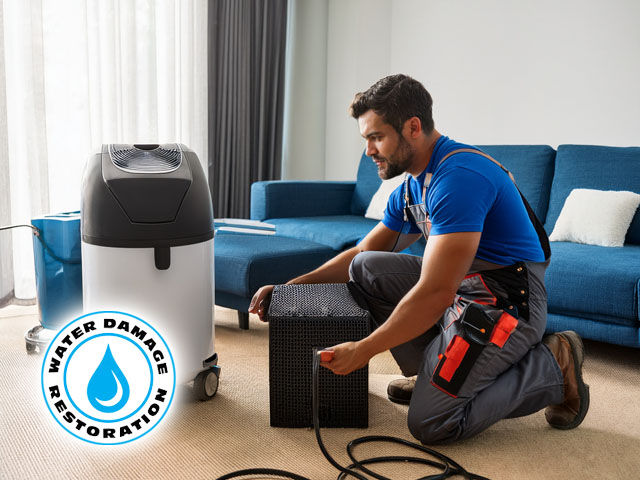 technician setting up an air scrubber inside a modern living room with dehumidifiers in the background highlighting clean air and professional restoration