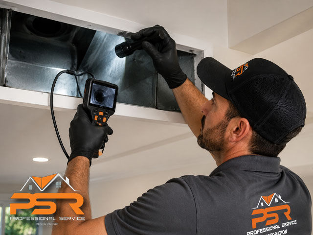 HVAC technician checking air duct system with flashlight and camera equipment for inspection