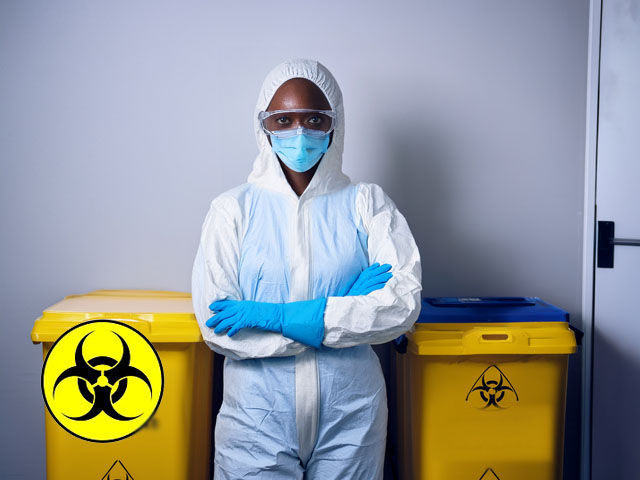 A technician in full PPE standing next to labeled biohazard disposal bins and a printed copy of ANSI/IICRC S540 cleanup protocol. The workspace looks clean, contained, and ready for clearance testing