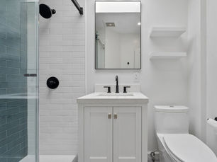 post luxury bathroom remodeling glass shower upgraded vanity tile toilet shelves