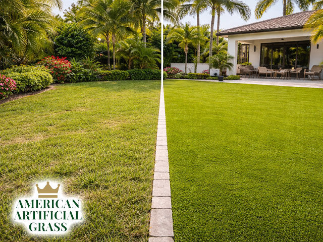 A side-by-side comparison artificial grass vs natural grass lawns in Port Saint Lucie showing natural grass on one side and vibrant synthetic turf on the other