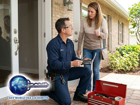 Professional locksmith assisting homeowner at front door during emergency lockout situation, locksmith tools visible, residential property setting, daytime scene