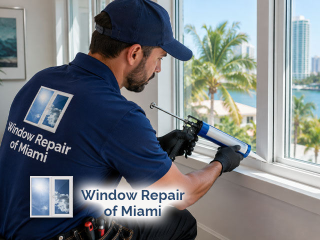 Technician applying professional window sealing around residential window frame, modern Miami home, bright indoor setting