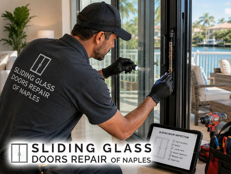 Technician inspecting sliding glass door components and hardware, diagnostic tools visible, professional repair assessment inside modern Florida home