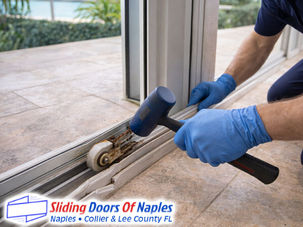 technician realigning bent sliding door track inside a Naples home