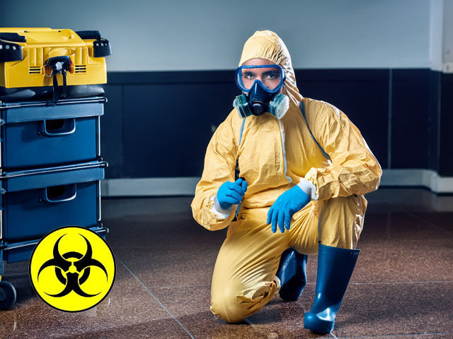 trauma biohazard cleanup certified technician in full PPE using commercial equipment