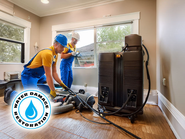 water extraction with a floor unit, equipment, air movers and dehumidifiers running in a residential home and a technician doing final moisture checks for property restoration
