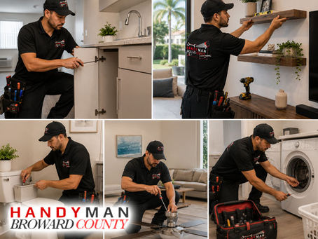 Montage Professional handyman services repairing multiple household items in modern Broward County home, toolbox open, organized work area, clean residential setting