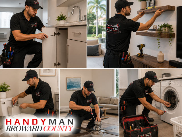 Montage Professional handyman services repairing multiple household items in modern Broward County home, toolbox open, organized work area, clean residential setting