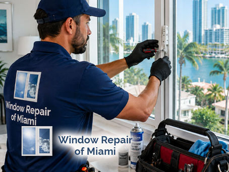 Technician replacing window lock and hardware components in modern Miami residence, close-up detail, professional repair service