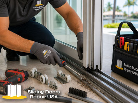 Close-up of sliding door track repair process, technician repairing damaged track, professional tools visible, modern Florida residence