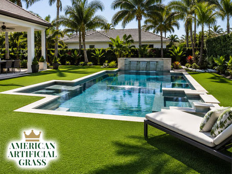 Luxury swimming pool surrounded by lush artificial grass, elegant South Florida backyard, palm trees and modern outdoor furniture