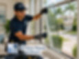replacement Technician replacing broken window glass in modern Miami residence, safety equipment visible, clean professional work environment