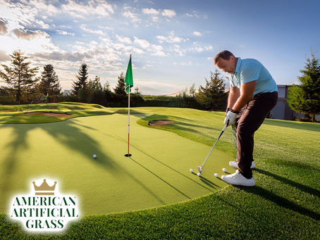 backyard putting green with artificial turf, complete with golf flags, small rolling hills, and a few golf balls homeowner practices