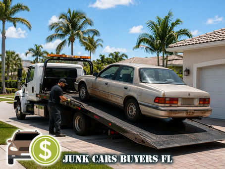 Old vehicle junk car being removed from residential driveway by professional towing service, clean Florida neighborhood