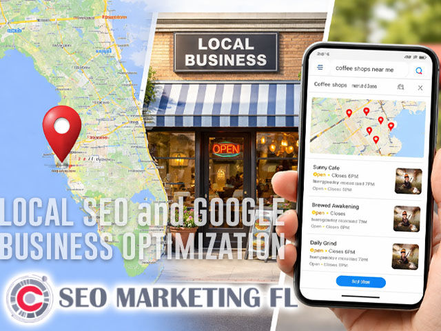 map pin on Florida map, local business storefront, smartphone displaying Google Maps search results and SEO