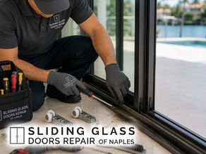 Close-up of sliding door track repair process, technician repairing damaged track, professional tools visible, modern Florida residence