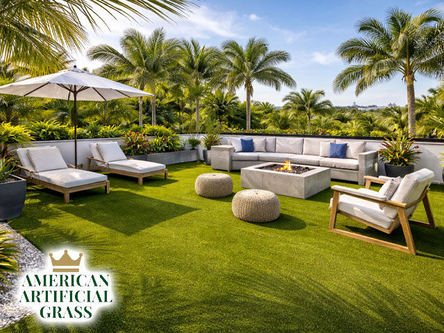 A rooftop patio in Port Saint Lucie covered with artificial turf, modern seating, umbrella shade, and tropical plants